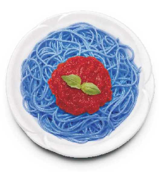 een bord blauwe spaghetti ... 